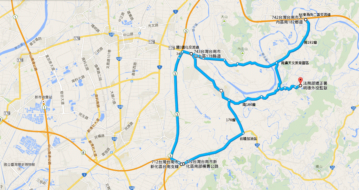 法務部矯正署明德外役監獄地址：(74341) 臺南市山上區玉峰里明德山莊1號