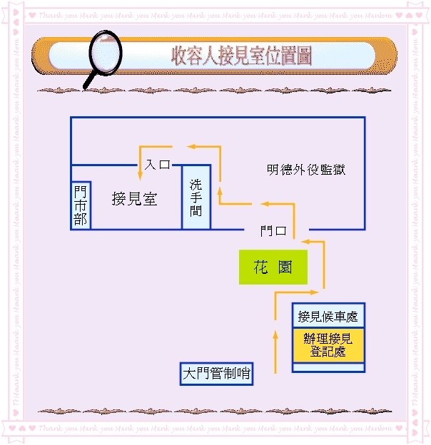 大門管制哨搭車至行政區門口下車，往左轉沿走廊上階梯即接見室所在位置